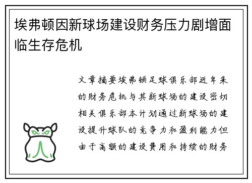埃弗顿因新球场建设财务压力剧增面临生存危机