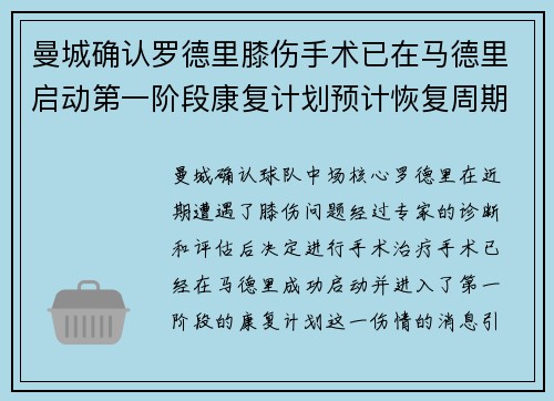 曼城确认罗德里膝伤手术已在马德里启动第一阶段康复计划预计恢复周期受关注